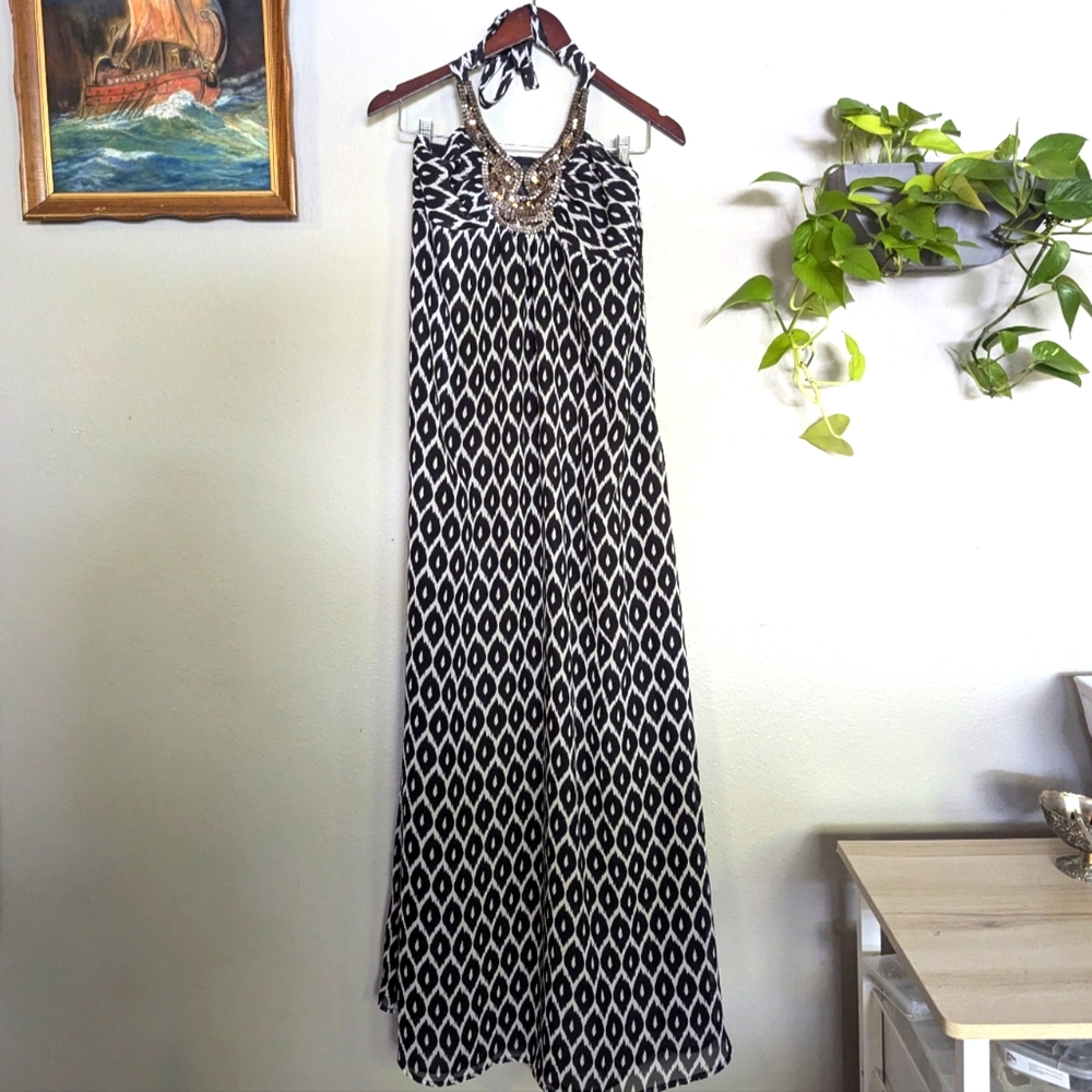 3/$15 Y2K Black and White Halter Maxi Dress Beaded Neckline